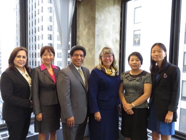 On hand for Monday's meeting were (from left): Eva Paredes and Shufen Zhao of the Chicagoland Chamber of Commerce, Appellate Justice Reyes, President Holderman and Linda Yang and Minglei Wu of the Beijing Bar Association.