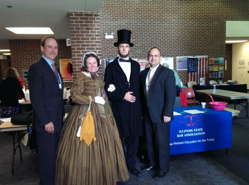 Judge Mike Chmiel, Mary Todd Lincoln (a/k/a Laura F. Keyes), President Abraham Lincoln (a/k/a Kevin J. Wood), and Dean Cantú at the Fall 2015 Conference of the Illinois Council for the Social Studies.  