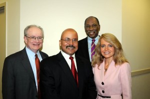 Appearing on the shows are (front, from left) program moderator John T. Theis, a Chicago lawyer; Cecil J. Hunt II, a professor at The John Marshall Law School; and Michele M. Jochner, judicial law clerk to Justice Charles Freeman of the Illinois Supreme Court; and (rear) Hon. Leonard Murray, an associate judge in the Circuit Court of Cook County