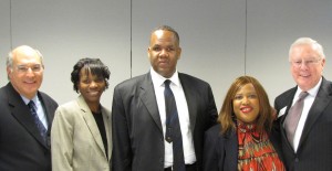 ISBA 2nd Vice President Mark Hassakis, Cook County Bar President Marian E. Perkins-Phillips, Special White House Assistant Kareem Dale, WBAI President Patrice Ball-Reed and ISBA President John O'Brien